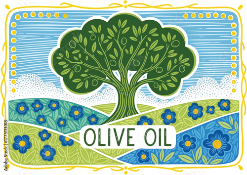 Olive Oil Label with Tree and Flowers