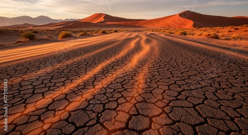 Fototapeta Naklejka Na Ścianę i Meble -  Desert landscape showing cracked earth and sand dunes in orange light