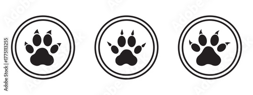 Paw print icon. Pet animal health care insurance symbol. Dog or cat footprint mark vector. Kitty paw with heart sign. 