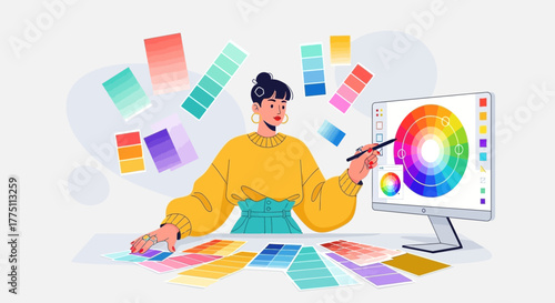 Graphic Designer Working with Color Palette and Computer Display for Creative Work