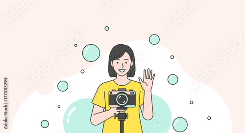 Illustrated woman holding a camera waving at the audience for a video blog vlog broadcast