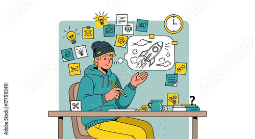Illustration of a Man brainstorming ideas to launch a rocket ship startup