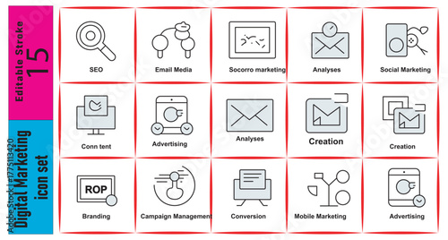 Collection of digital marketing icons representing various online strategies and tools