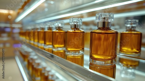 Elegant perfumes displayed on a mirrored shelf with reflections