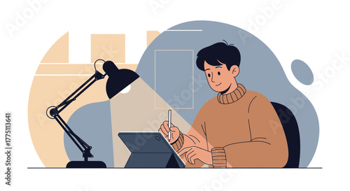 Illustration of a man working on a tablet with a pen under a desk lamp