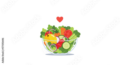 A vibrant and colorful fresh garden salad in a clear glass bowl, topped with a red heart, symbolizing healthy eating and wellness.