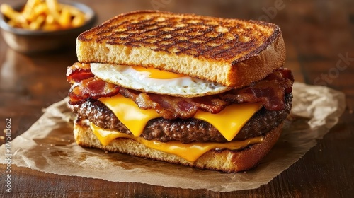 Burger with egg bacon and cheese on toasted bread