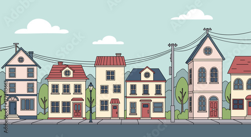 A charming vector illustration showcasing a vibrant street with diverse houses, utility poles, and trees under a cloudy sky in a pleasant neighborhood.