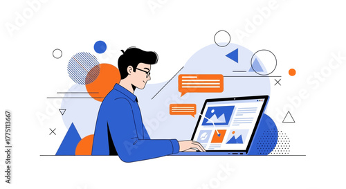 Illustration of a Man Working on a Laptop, Modern Design with Abstract elements