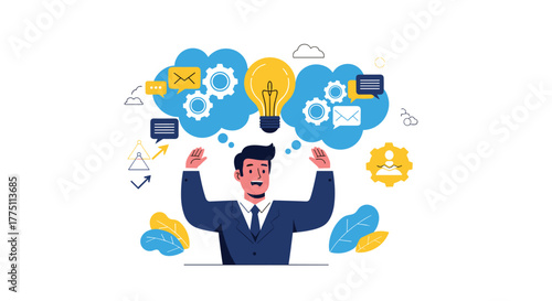 Business professional thinking and generating new ideas, surrounded by elements of communication, strategy, and innovation processes.