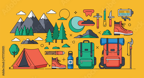 A collection of colorful flat-design illustrations showcasing essential gear and natural elements for a fun camping and hiking adventure.