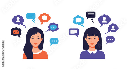 Two women engaged in digital communication and social networking, depicted with thought bubbles containing message and user icons.