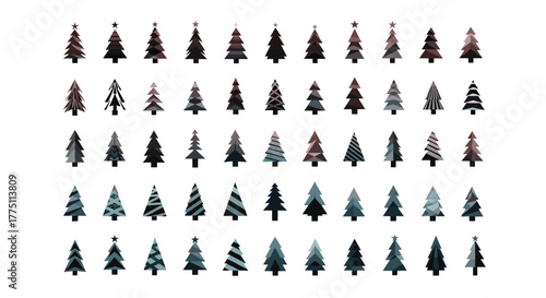 A diverse collection of abstract and stylized Christmas trees, featuring various shapes, patterns, and muted color palettes, set against a clean white background.