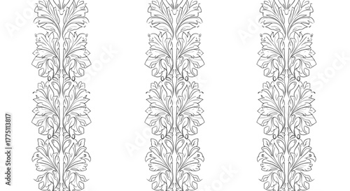 Classic decorative seamless vertical borders with intricate acanthus leaf patterns in line art style.