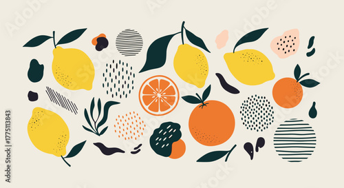 Bright and cheerful illustration of lemons and oranges with abstract shapes, leaves, and dotted patterns arranged on a light background.