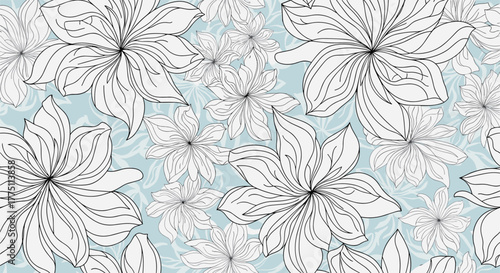 Seamless pattern of elegant white outline flowers on a gentle blue background with subtle leaf textures, perfect for textiles or digital design.