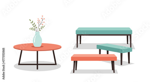 Minimalist vector illustration featuring a coral round coffee table with a vase of flowers, alongside modern teal and coral upholstered benches.
