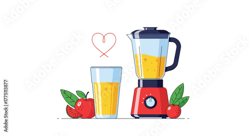 Blender and a glass of yellow juice with fresh apples and green leaves, representing healthy beverage preparation and a wholesome lifestyle.