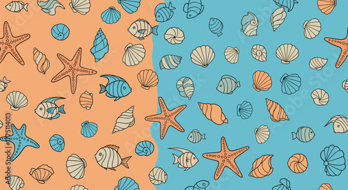 A hand-drawn seamless pattern featuring various sea creatures and seashells on a split orange and blue background, evoking a summer beach and ocean theme.