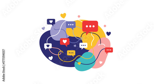 Vibrant abstract art showing a complex network of digital communication, social connections, and emotional responses in online interactions.