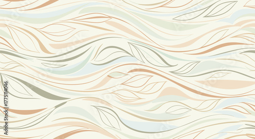 Elegant seamless pattern featuring abstract wavy lines and stylized leaf motifs in a harmonious palette of soft earthy tones and subtle blues on a light cream background.
