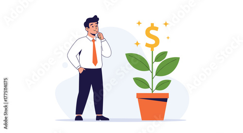 A man in a shirt and tie contemplates a growing dollar plant, representing smart financial planning and investment for future wealth.