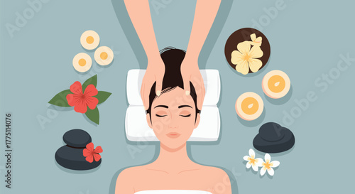 Top view of a woman enjoying a relaxing head massage at a spa, surrounded by decorative hot stones, candles, and beautiful flowers.