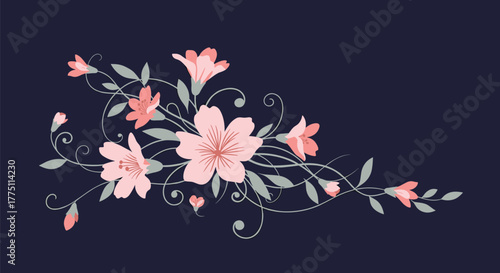 Elegant floral design featuring delicate pink blossoms and muted green leaves on a deep navy background, perfect for decorative purposes.