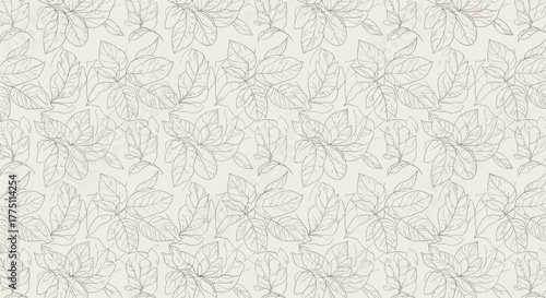 Elegant botanical seamless pattern featuring hand-drawn outline leaves in various arrangements on a light, textured background.