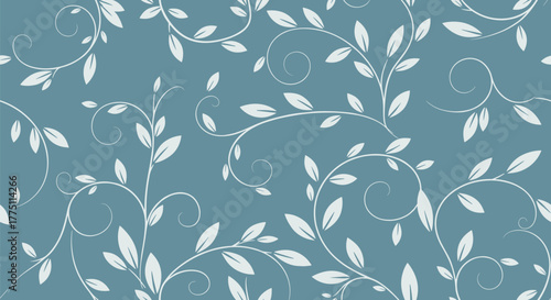 Elegant white botanical swirling vines and leaves form a tranquil seamless pattern on a calming teal blue background, ideal for decorative use.