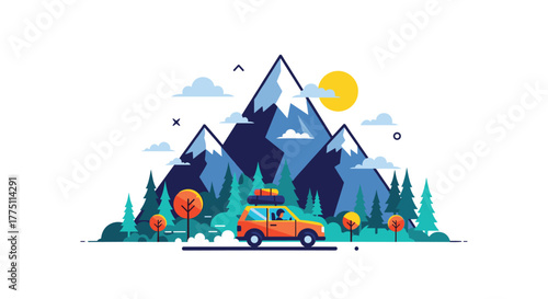 A vibrant flat design illustration of an orange car driving through a mountainous forest landscape under a bright sun.