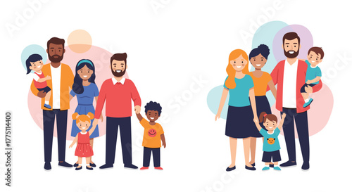 Two diverse and happy families with children standing together, representing modern parenthood and community.