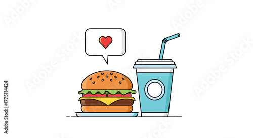 A stylized illustration features a hamburger and a soda, accompanied by a heart speech bubble, representing a love for fast food.