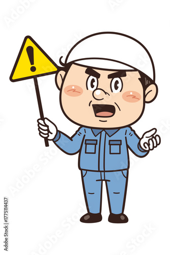 【注意】工場や現場で働く作業員が警告標識を持つイラスト｜不安全行動・不安全状態・労働災害
