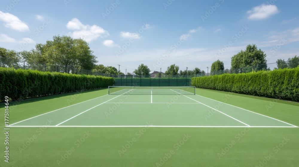 Obraz premium Lush Green Tennis Court Under Clear Blue Sky with Neatly Trimmed Hedges Providing a Professional Playing Environment for Sports Enthusiasts
