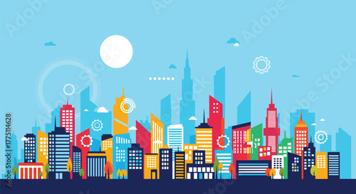 Colorful modern city skyline with diverse buildings and abstract smart city technology icons under a bright blue sky.