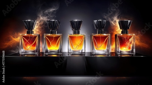 Row of Perfume Bottles on a Black High Gloss Display Shelf