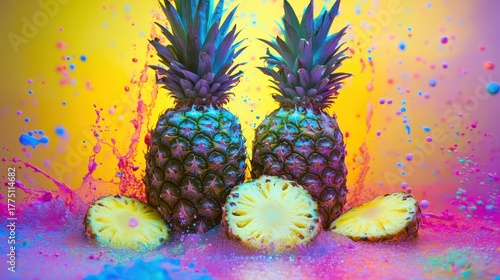 Two whole pineapples and pineapple slices in colorful splash