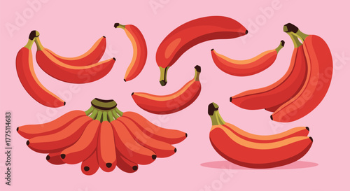 An artistic display of red bananas, individually and in bunches, set against a light pink backdrop, emphasizing their distinctive hue and tropical appeal.