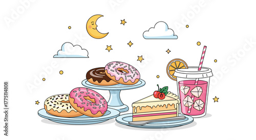 Whimsical illustration of sweet treats including donuts, cake, and a refreshing drink with a crescent moon and stars in the background.