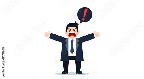 A cartoon businessman in a suit screams in anger or frustration, with arms outstretched and an exclamation mark indicating a warning or distress.