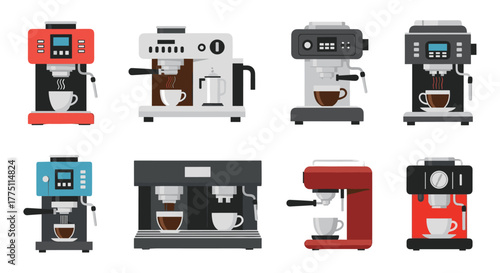 Variety of flat design espresso and coffee machines, showcasing different styles and colors for brewing hot beverages.