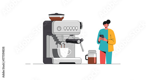 A person with a smartphone stands beside an espresso machine brewing coffee into a cup, with another coffee jar nearby, depicting a modern morning routine.