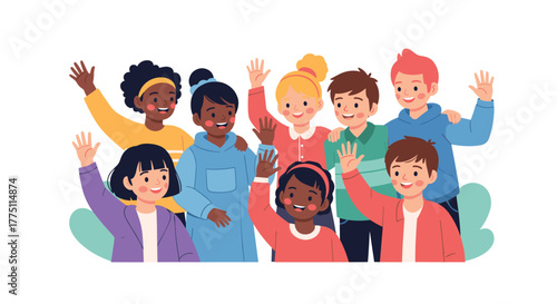 A diverse group of happy children from different backgrounds, smiling and waving their hands in a friendly gesture of welcome and unity.