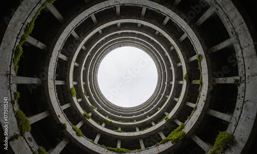 Vacant cooling tower Interior of a cooling tower, towering round walls converging to an open sky circle, wide fisheye lens