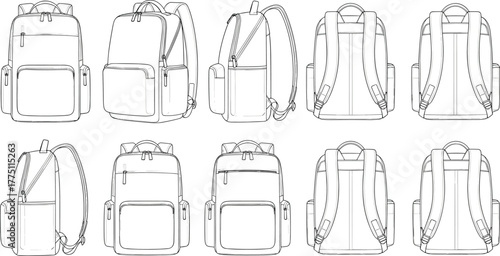 Modern backpack technical design front side back detailed outline vector for fashion product development, cad drawing flat vector illustration