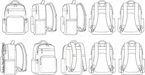 Modern backpack design multiple view technical outline for product concept and fashion design, cad drawing flat vector illustration