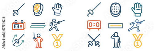 Fencing competition icons displaying equipment, scoring, and athletes in action during a tournament event in a sports arena