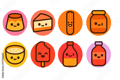 Colorful collection of cute food icons featuring desserts, snacks, and spreads on a playful background