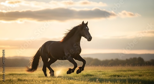 A dark horse galloping freely across a grassy field at sunset with a bright cloudy sky backdrop view